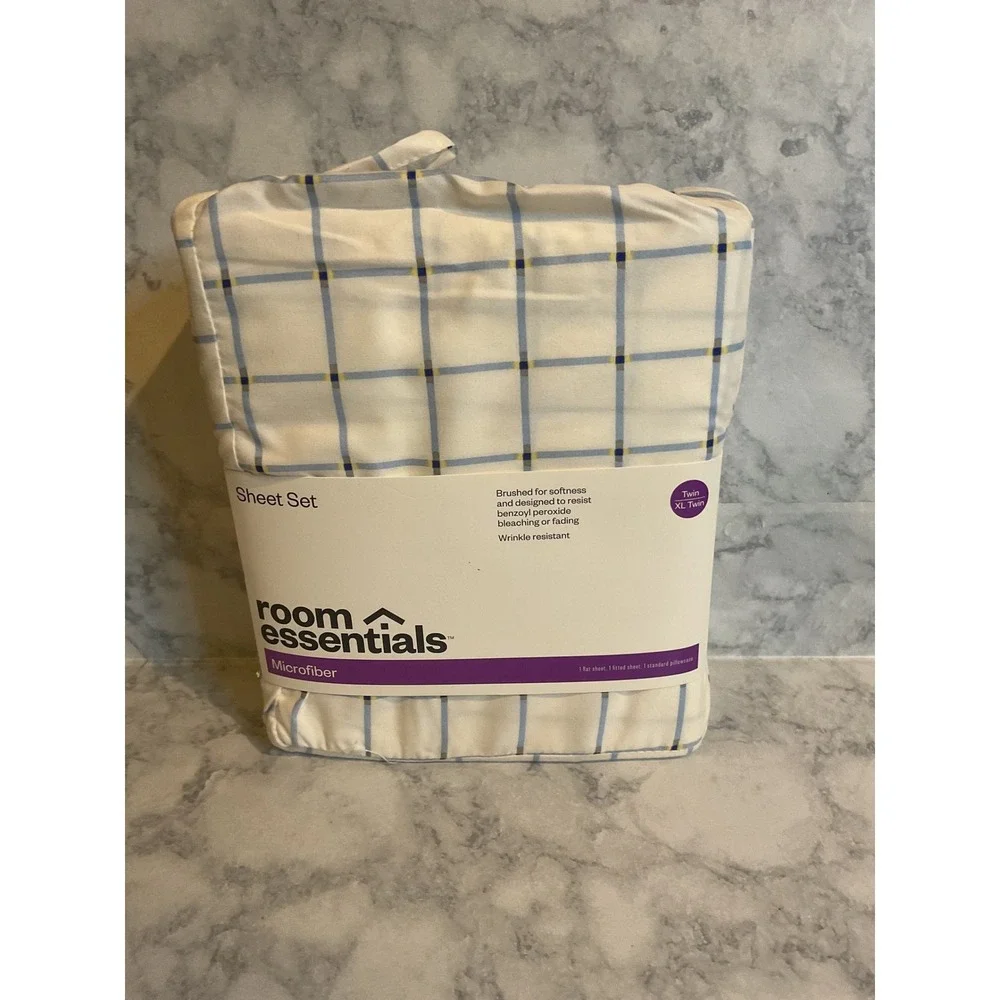 Room Essentials Twin XL Microfiber Sheet Set Blue Yellow Grid Pattern 3 Piece